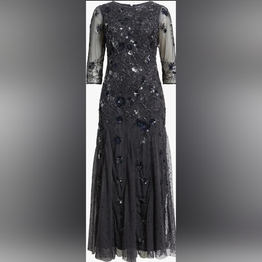 Size 6 -Pisarro Nights Elegant Beaded Gloral Embellished Grey Evening Gown Dress - Picture 5 of 9